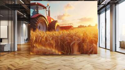 Photograph concept featuring a tractor harvesting crops in a golden sunset field representation of global agricultural commodity trade and market conditions Wall mural