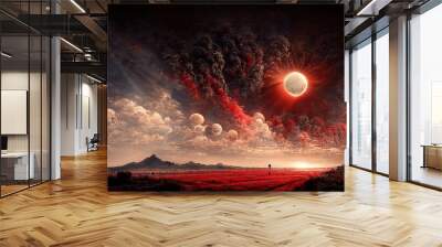 Planet Earth-type, exo-planet in outer space, alien planet in far space. fantasy landscape, galaxy, unknown planet, neon space galaxy portal.  3d illustration. Wall mural