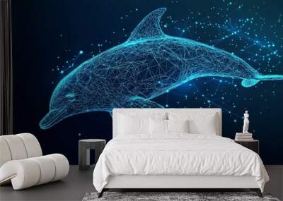 Polygonal jumping dolphins on technology blue backgrounds. Concept for low poly marine life in 3D. Wall mural