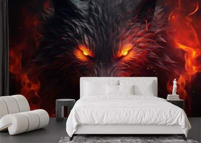 portrait of a black wolf in anger, grin, open mouth, red eyes, fiery background Wall mural