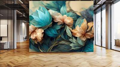 Raster illustration of a beautiful blue flower arrangement with a bouquet in blue and pink tones. 3d background Wall mural