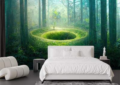 Raster illustration of a magical portal in a clearing in the forest. Magic realism, science fiction, portal to another world, parallel worlds. Magic 3D graphics Wall mural