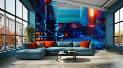 Recording studio control desk with professional microphone with blurred musician background and audio mixer. Concept for musical instrument. Wall mural