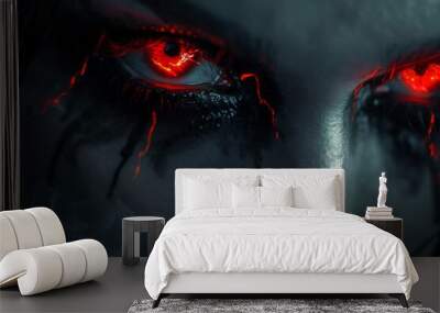 Red devil eyes staring directly at the viewer on a black background. Wall mural