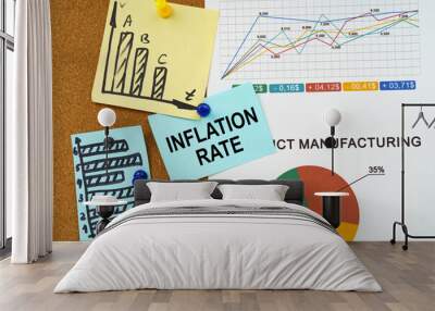 Reporting graphs and diagrams are hung on the board, a sticker with the inscription - Inflation rate Wall mural