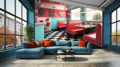 Retro cafe, american diner interior with tables. AI Wall mural