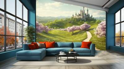 Road to the castle located on the hill, green lawns with small blooming flowers. Generative AI Wall mural