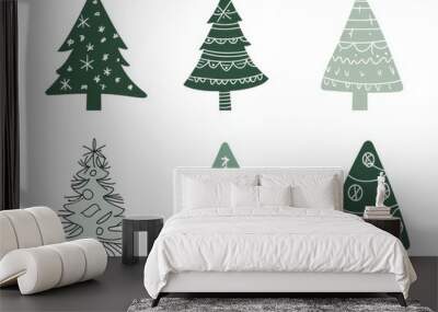 Set of christmas modern decorations featuring one line art of Christmas trees. Wall mural