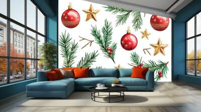 Set of watercolor hand-drawn Christmas decor elements on a white background. Wall mural