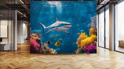 Shark Swimming Among Coral Reefs With Fish in Sunlit Underwater Ocean Scene, Predator Wildlife in Marine Nature, Blue Water, Teeth, Vibrant Sea Life, Travel, Undersea Exploration. Wall mural