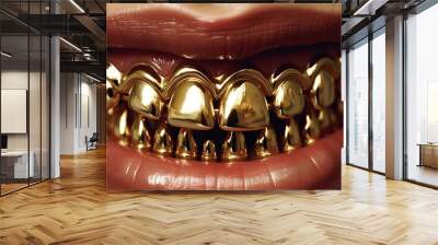 Smile with gold teeth close up Generative AI Wall mural