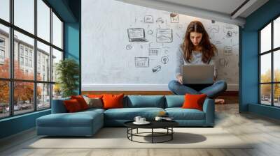 Smiley businesswoman working on laptop with glowing lamp on white concrete wall background with business mock-up. Idea, energy, inspiration and innovation concept. Wall mural