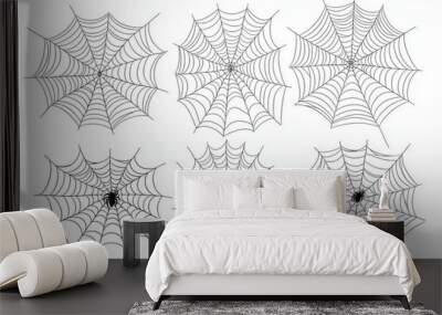 Spider webs and spiders silhouette isolated on white. Spooky halloween decorations element. decorative collection of cobwebs. Wall mural