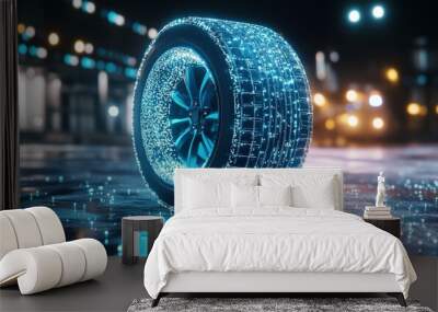 Sports car tyre technology concept with wireframe intersection of the rims (3D illustration). Wall mural