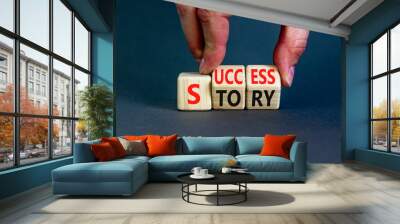 Success story symbol. Concept words Success story on wooden cubes. Businessman hand. Beautiful grey table grey background. Business and Success story concept. Copy space. Wall mural