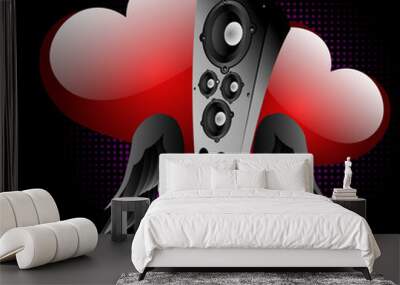 abstract background with winged acoustic system and hearts. a ve Wall mural