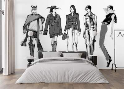 Beautiful young women in modern style.. Hand drawn stylish woman portrait. Fashion lady. Autumn outfit. Sketch set. Fashion model posing in coat. Hand drawn fashion woman. Wall mural