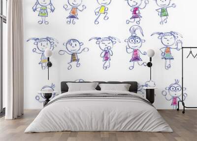 drawing little children doodle with different poses Wall mural