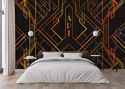 Golden abstract geometric background. Art deco style, trendy vintage design element. Gold grill on a black background. Beautiful artdeco template with parallel lines with gold gradient. Wall mural