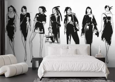 Stylish fashion models. Pretty young girls. Fashion girls sketch set Wall mural