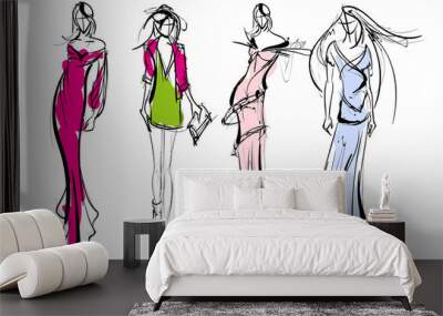 Stylish fashion models. Pretty young girls. Fashion girls Sketch Wall mural