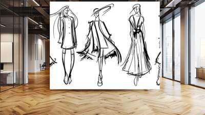 Stylish fashion models. Pretty young girls. Fashion girls Sketch Wall mural