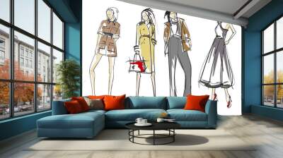 Stylish fashion models. Pretty young girls. Fashion girls Sketch Wall mural