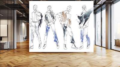 Stylish handsome mans in fashion clothes. Hand drawn beautiful young mens. Stylish mens. Fashion mens sketch. Fashion men model. Wall mural