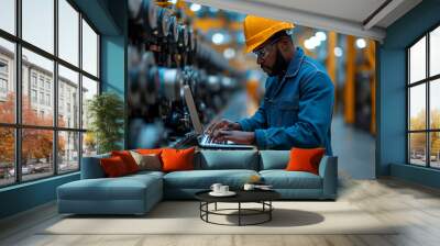 Technician using laptop at machine in modern factory. Wall mural