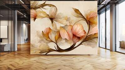 Textured abstract watercolor flowers. Elegant floral card or banner template with place for text. 3d rendering. Raster illustration. Wall mural