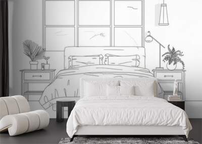 The bed, side table, and alarm clock are drawn continuously in a single line modern illustration. Editable strokes. Wall mural