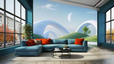 The environment consists of a grassland mountain landscape background with a shaggy surface, abstract fantastic dune, panoramic, futuristic. Copy space and blue sky with cloudy skies. Wall mural