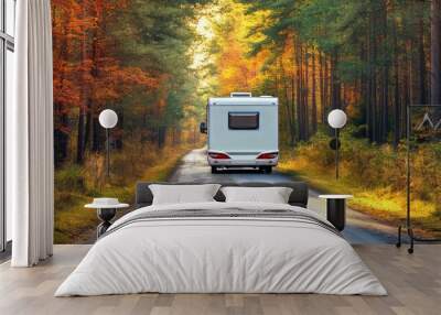 The final day of autumn is filled with stunning views of a picturesque park and a modern delivery van. Wall mural