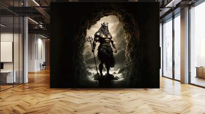 The Greek mystical god Hades stands in full growth in a cave. King of the underworld, god of the dead and riches. AI Wall mural