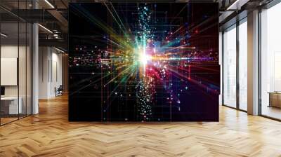 The HUD matrix particles grid. Virtual reality. Grid core. Magic explosion star with particles. Acceleration race. Glow lines. Colorful flash. Big bang. Glitch effect. Deep space. Wall mural