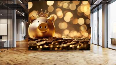 The image shows a gold piggy bank with a crown and stacks of gold coins to represent finance savings and investment ideas Wall mural