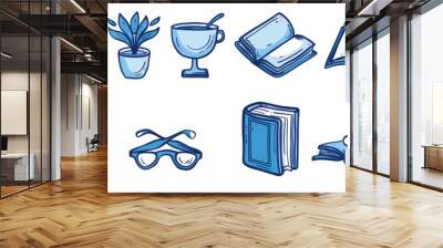 The library stack sketch set is hand drawn sketch work with doodle style line work. This doodle concept icon background is a library stack sketch with blue pen strokes. It is a modern illustration Wall mural