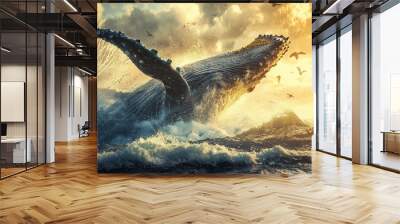 The mouth of a humpback whale opens wide as it leaps out of the water Wall mural