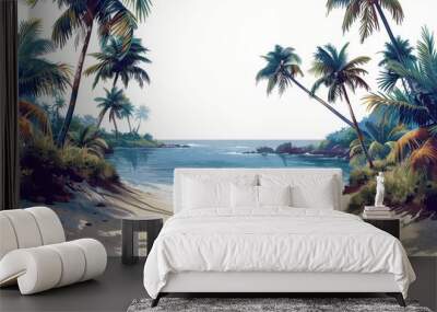 The seamless island pattern has palm trees, beaches, and oceans on a white background. Wall mural