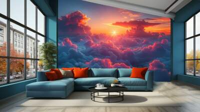 The soft blanket of clouds and the warm tones of the descending sun create an atmospheric image capturing a sunset's relaxed beauty. Wall mural