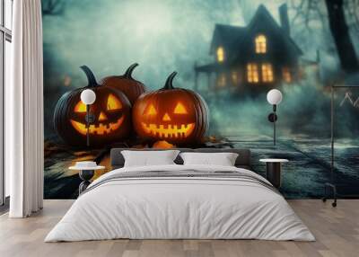 The Spooky Night background with Jack O' Lanterns with a castle, a mock product concept for Halloween. Wall mural