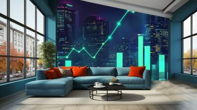 The stock market is traded on a blue background. A candlestick graph chart shows business activity. Wall mural