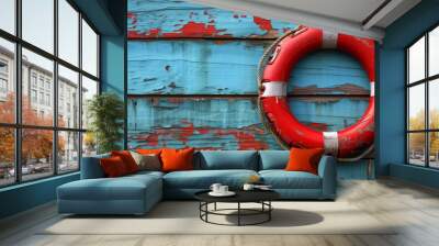 The summer concept shows a red lifebuoy on a blue wooden plank wall Wall mural