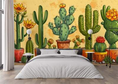 The texture of a cactus plant doodle seamless pattern is reminiscent of the flowers of a desert garden, with a natural desert flora texture, mexican garden design. This is a natural interior graphic Wall mural