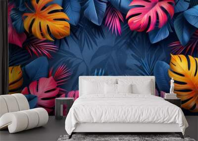 The tropical leaves background modern includes leaf shapes, pencils and paint brush texture. Pop art botanical design ideal for fabric, wallpaper, cards, rugs, ceramics, homewares, gadget skins, and Wall mural