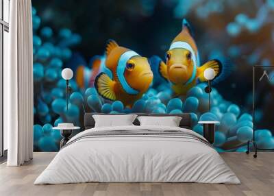 There are two clownfish inside a blue anemone underwater Wall mural