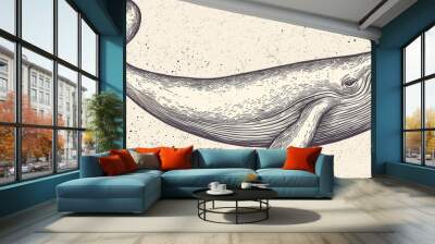 This black and white clip art illustration of a gray whale is drawn in a vintage engraving style on a white background Wall mural