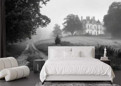 This black and white minimalistic landscape shows fields and an old mansion house in the English countryside Wall mural