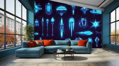 This game asset includes animated frames of lightning strike, electric shock, magic electricity attack, and thunderbolt effect, with blue glowing storm bolts. Wall mural