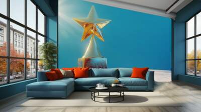 This gold trophy shows a five star rating symbol against a 3D background of high quality ratings for customer feedback, premium quality, and high customer satisfaction. Wall mural